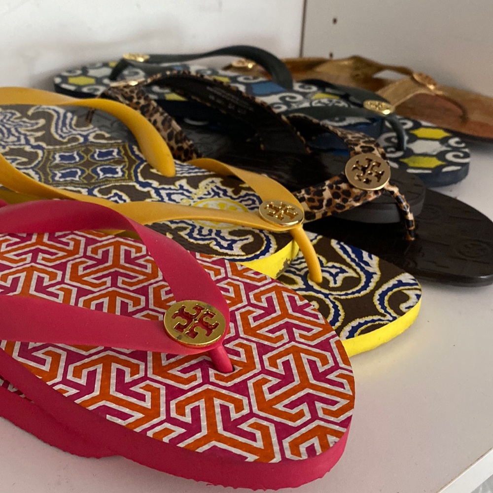 5 pairs of Tory Burch (new and gently used) flip flops and sandals